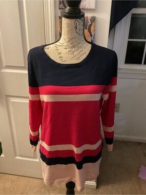 Liz Claiborne Navy, Hot Pink & Cream Stripe Crewneck Sweater